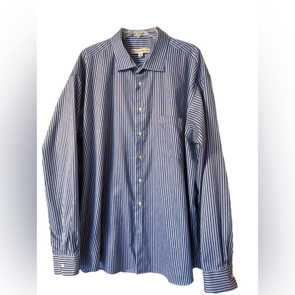 Pronto Uomo 3XLT Tall Blue Dress Shirt 100% Cotton Big & Tall Brown White Stripe